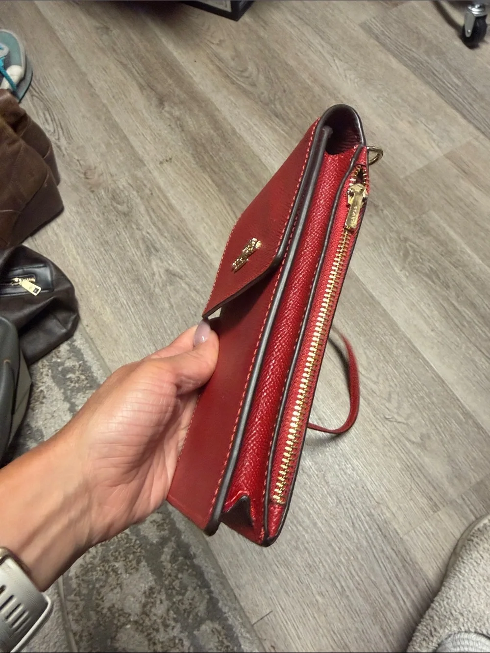 Coach Red Leather Long Strap Phone Pouch with Gold Logo - Picture 3 of 7
